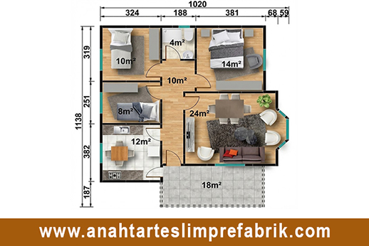 100 metrekare prefabrik ev planı