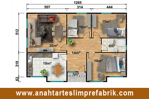 110 metrekare prefabrik ev planı