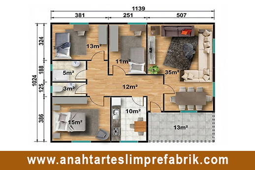 117 metrekare prefabrik ev planı