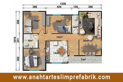 120 metrekare prefabrik ev planı