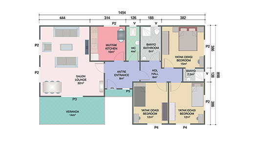 123 metrekare prefabrik ev planı