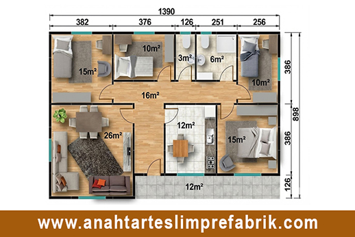 125 metrekare prefabrik ev planı
