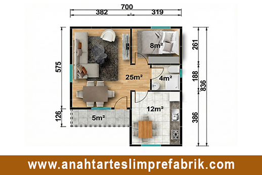 54 metrekare prefabrik ev planı