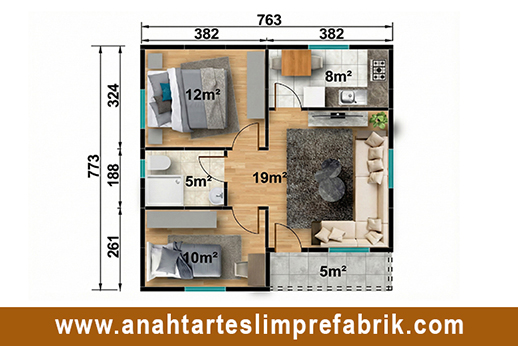 59 metrekare prefabrik ev planı
