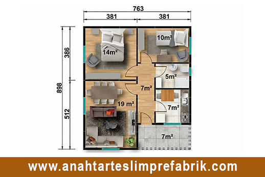 69 metrekare prefabrik ev planı