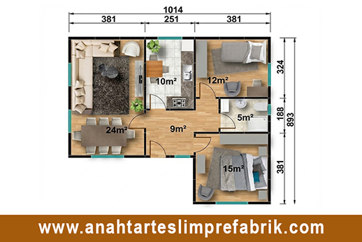 75 metrekare prefabrik ev planı