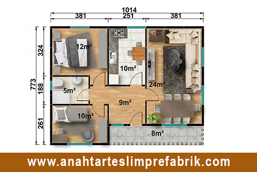 78 metrekare prefabrik ev planı