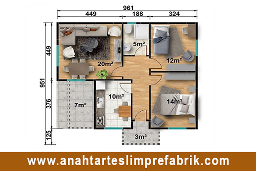 79 metrekare prefabrik ev planı