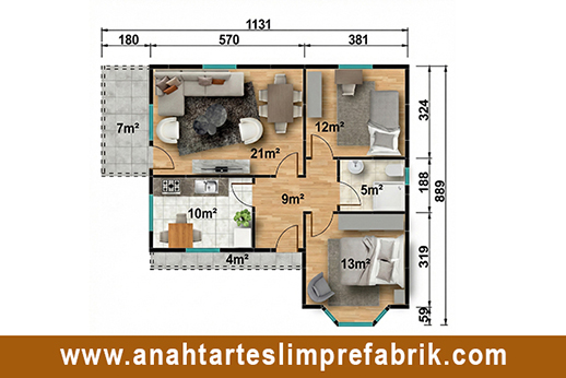 81 metrekare prefabrik ev planı
