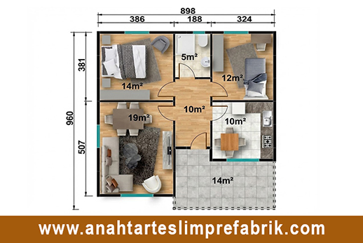 84 metrekare prefabrik ev planı