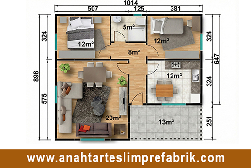 91 metrekare prefabrik ev planı