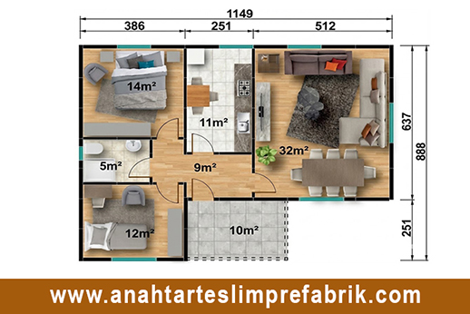93 metrekare prefabrik ev planı