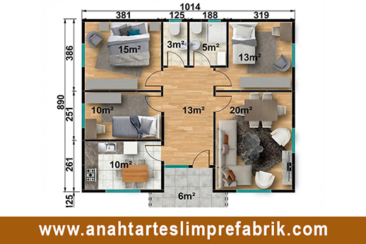 95 metrekare prefabrik ev planı