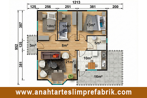 95 metrekare prefabrik ev planı