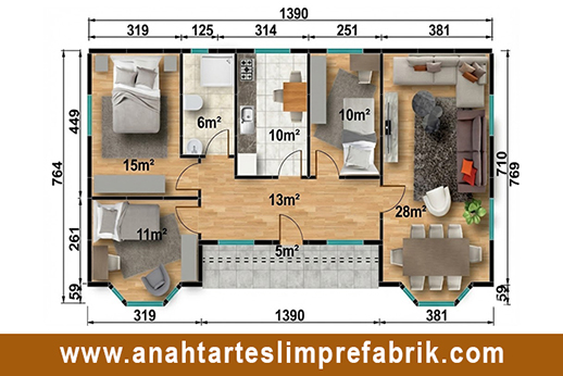 98 metrekare prefabrik ev planı